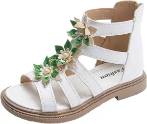 Toddler Kids Flower Girls Sandals Pearl Floral Open Toe Dress Shoes for Wedding Summer Casual Dressy Gladiator Sandal