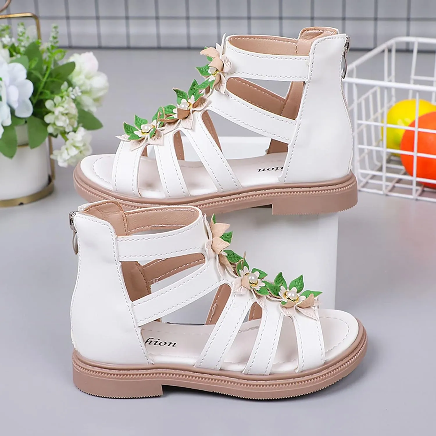 Toddler Kids Flower Girls Sandals Pearl Floral Open Toe Dress Shoes for Wedding Summer Casual Dressy Gladiator Sandal
