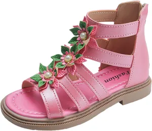 Toddler Kids Flower Girls Sandals Pearl Floral Open Toe Dress Shoes for Wedding Summer Casual Dressy Gladiator Sandal