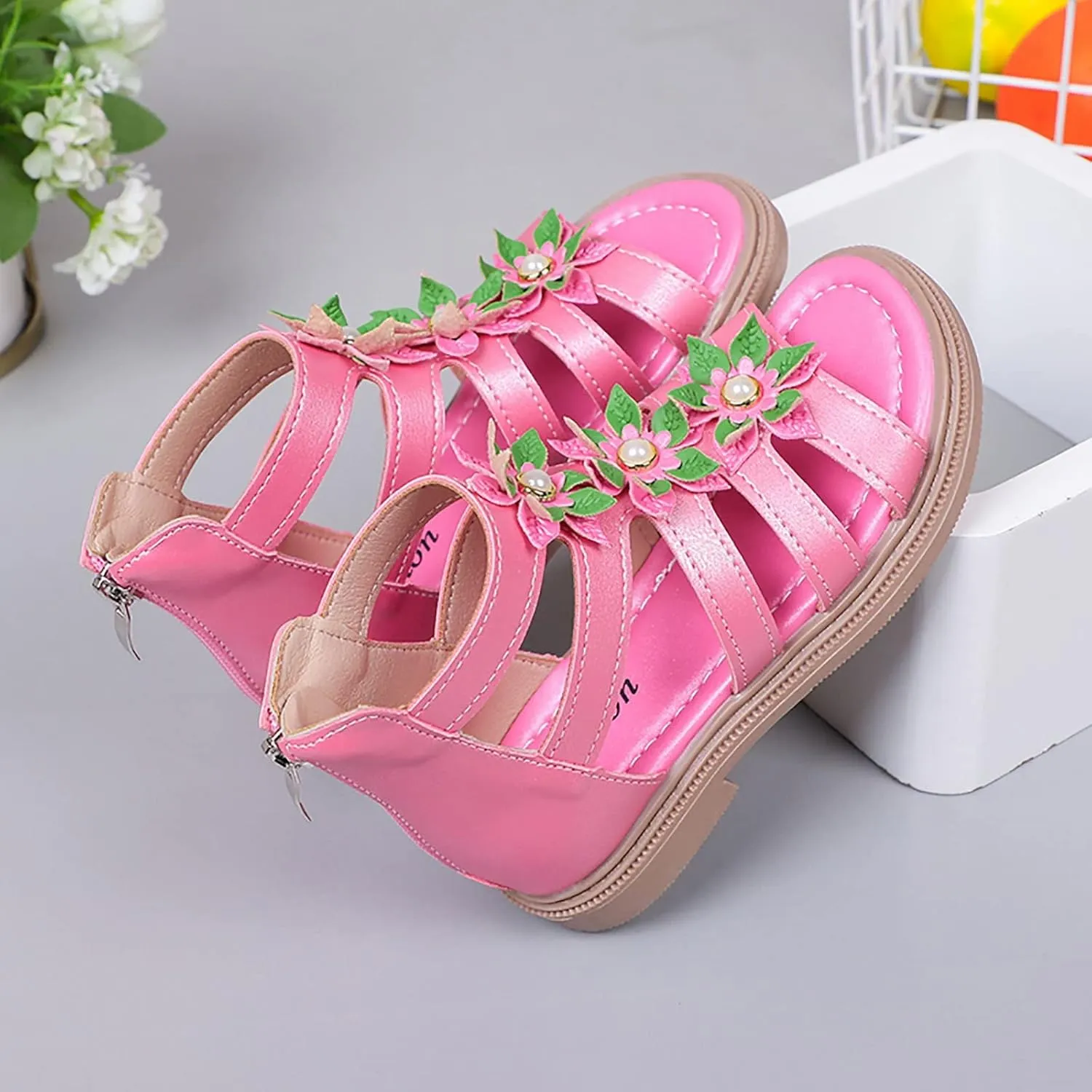 Toddler Kids Flower Girls Sandals Pearl Floral Open Toe Dress Shoes for Wedding Summer Casual Dressy Gladiator Sandal