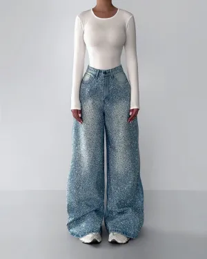 Vintage Irregular Rhinestone Jeans – Elegant & Trendy Denim