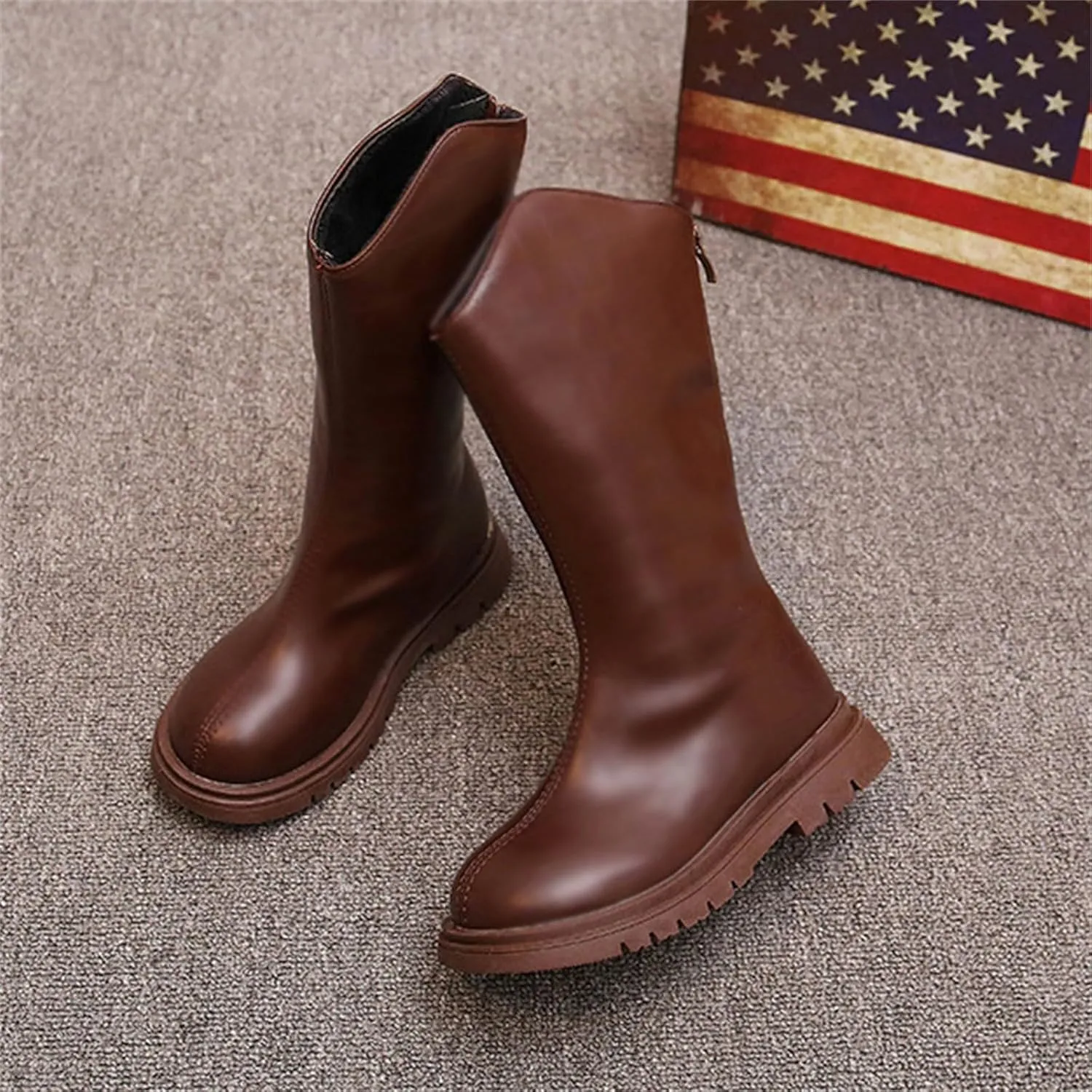 Winter Girls Mid Leg Boots Solid Color Zipper Classic Leather School Working Shoes for Kids Fashion Riding Shoes