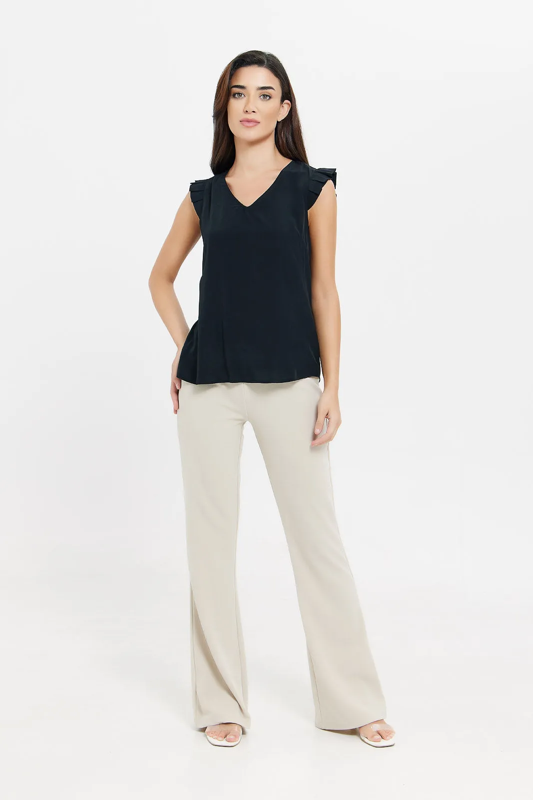 Women Beige Flare Leg High Waist Trouser
