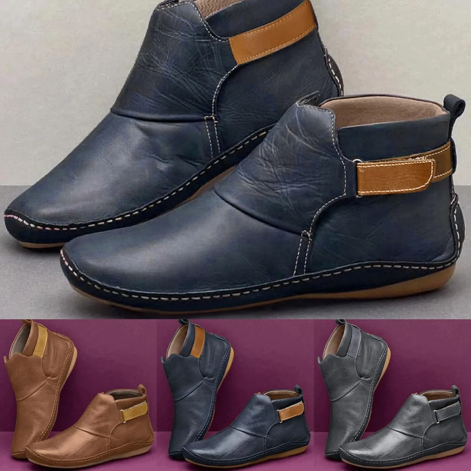 Women Boots No Heel 2022 New Arch Support Boots Side Zipper Vintage Leather Damping Shoes Flat Heel Booties