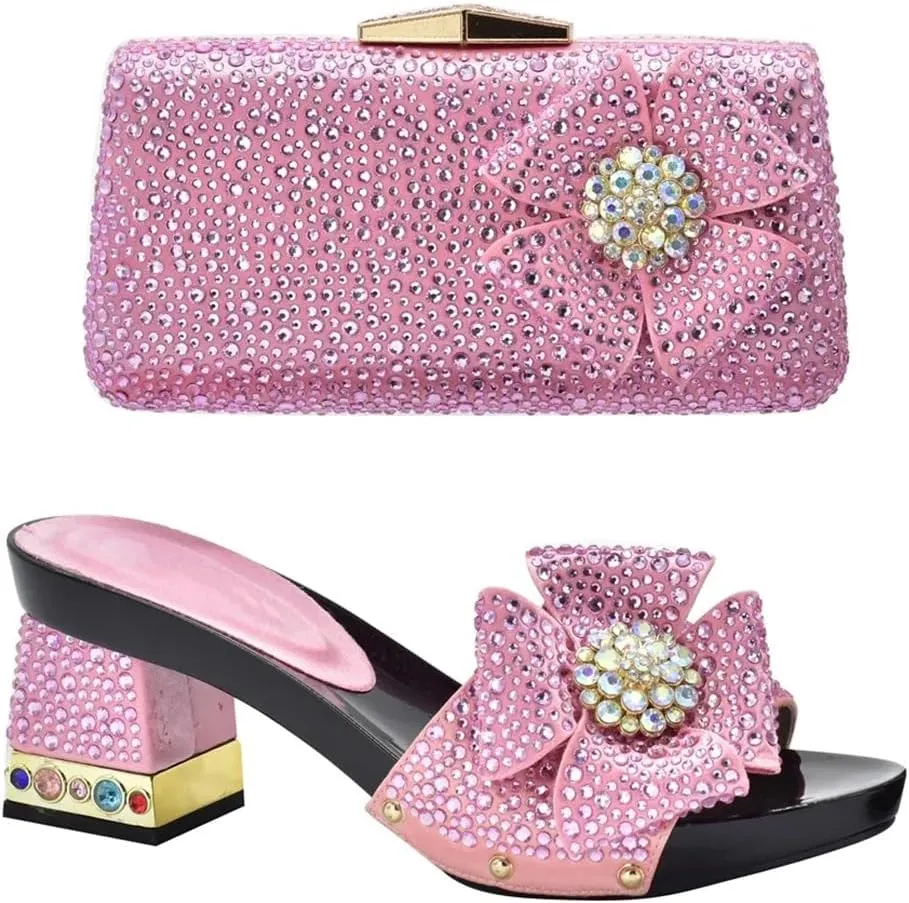 Women Italian Shoes and Bags Set High Heels Elegant Crystal Rhinestone Square Heel Shoe and Bag for Wedding