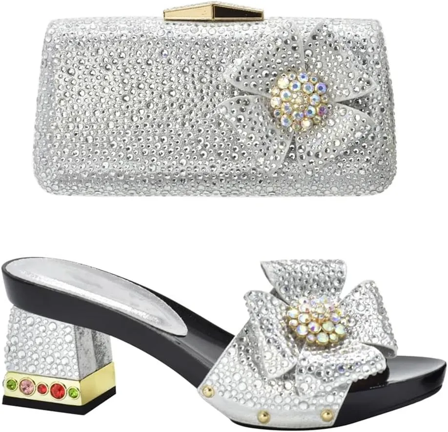 Women Italian Shoes and Bags Set High Heels Elegant Crystal Rhinestone Square Heel Shoe and Bag for Wedding