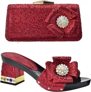 Women Italian Shoes and Bags Set High Heels Elegant Crystal Rhinestone Square Heel Shoe and Bag for Wedding