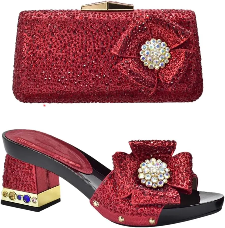 Women Italian Shoes and Bags Set High Heels Elegant Crystal Rhinestone Square Heel Shoe and Bag for Wedding
