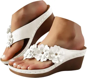 Women Orthopedic Wedge Flip Flops 2025 Summer Casual Fashionable Flower Decoration Cushion Breathable Low Heel Sandals with Arch Support Beach Vacation Bohemian Walking Shoes