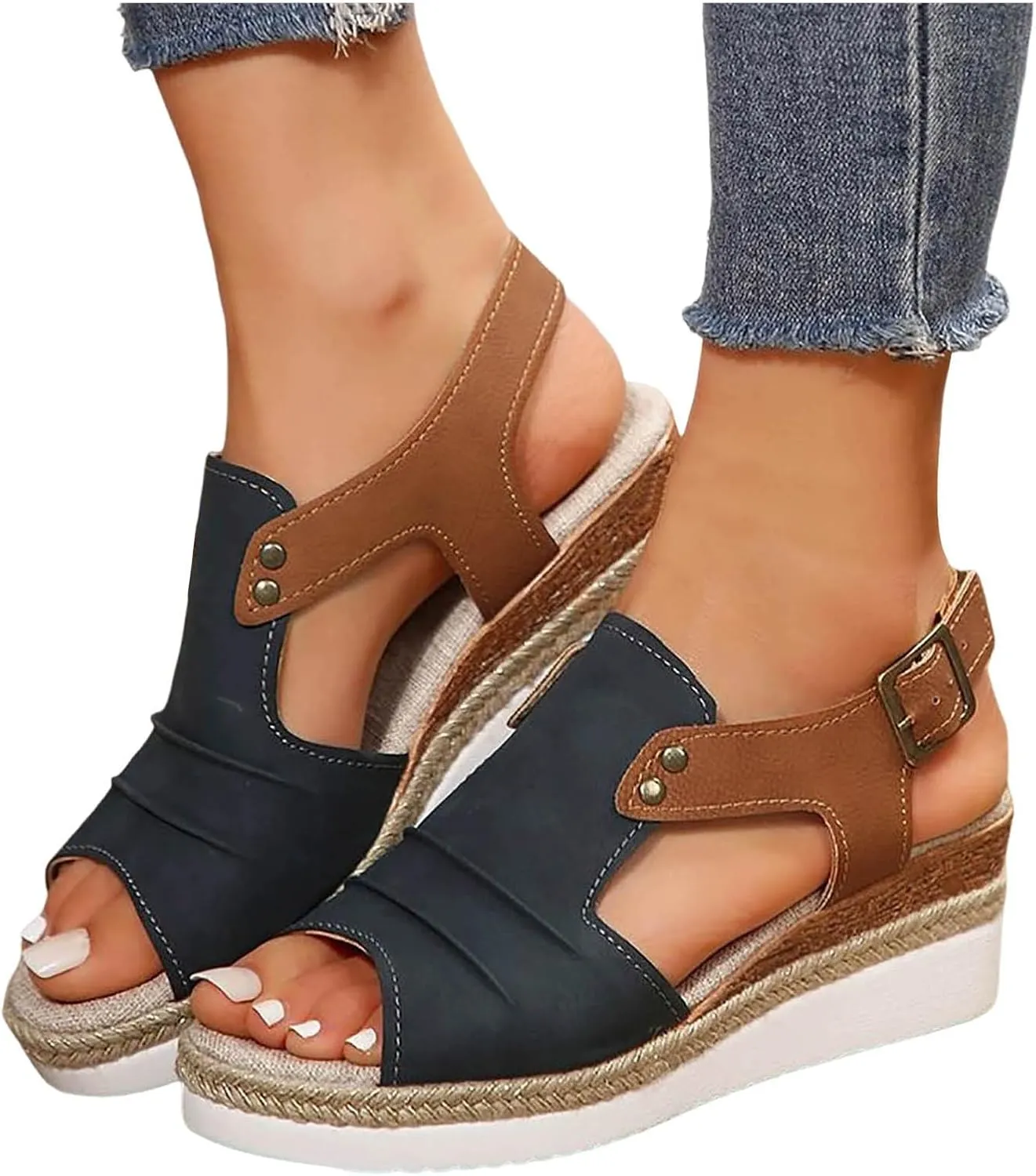 Women Width Wedge Sandals 2025 Spring Summer Open Toe Side Hollow Out Casual Fashion Espadrilles Slingback Shoes Adjustable Beach Vacation Walking Strap Low Dress Ankle Strap Sandals