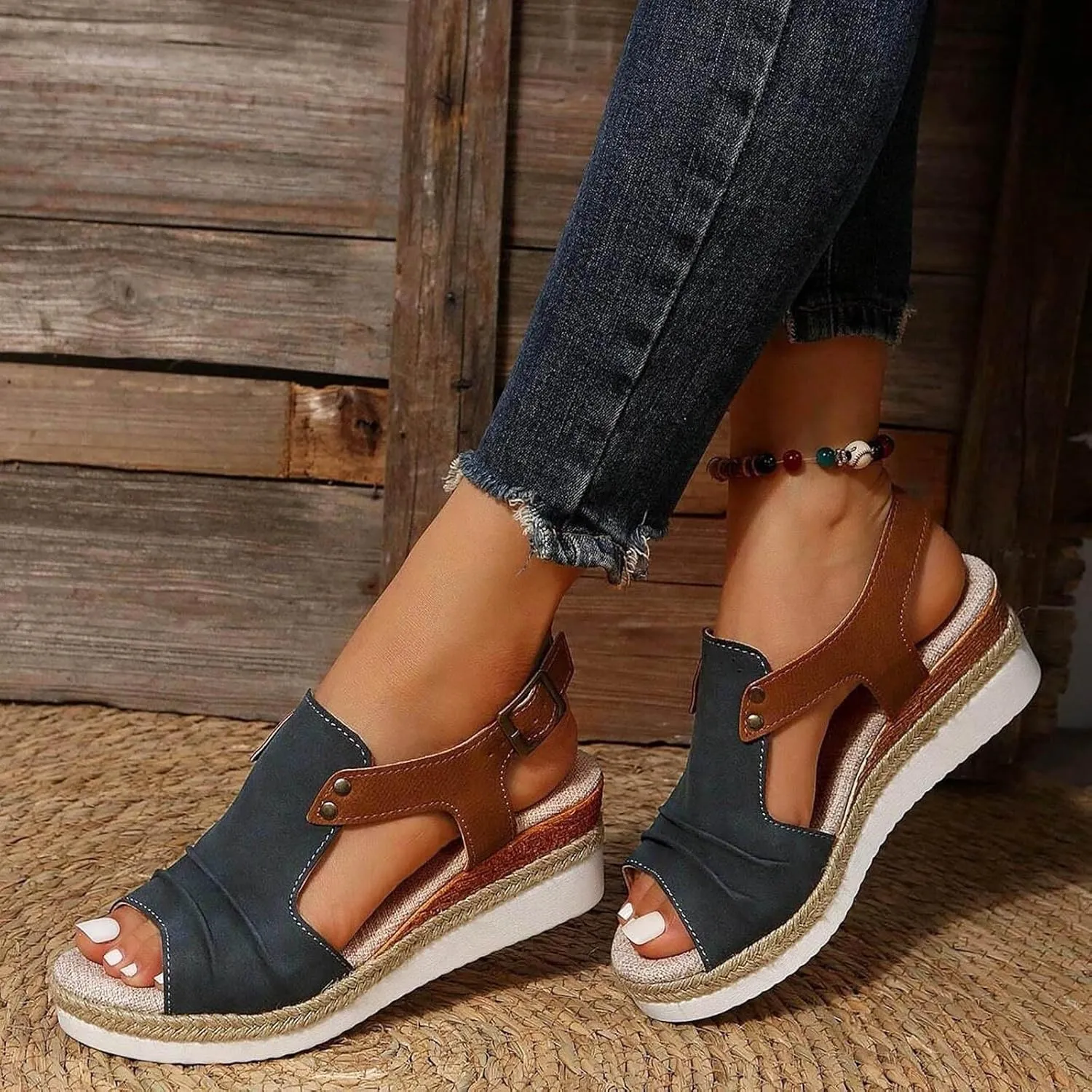 Women Width Wedge Sandals 2025 Spring Summer Open Toe Side Hollow Out Casual Fashion Espadrilles Slingback Shoes Adjustable Beach Vacation Walking Strap Low Dress Ankle Strap Sandals