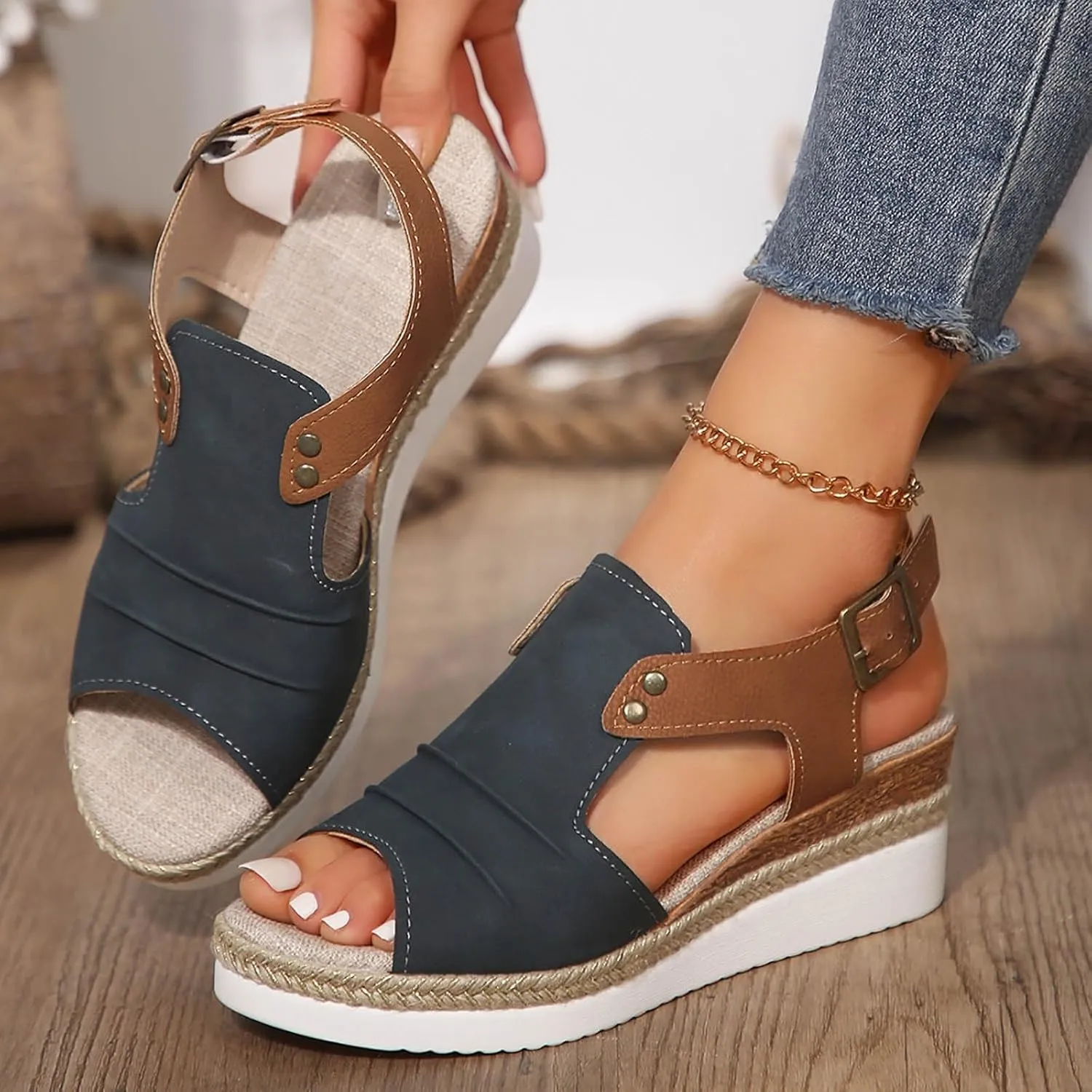 Women Width Wedge Sandals 2025 Spring Summer Open Toe Side Hollow Out Casual Fashion Espadrilles Slingback Shoes Adjustable Beach Vacation Walking Strap Low Dress Ankle Strap Sandals