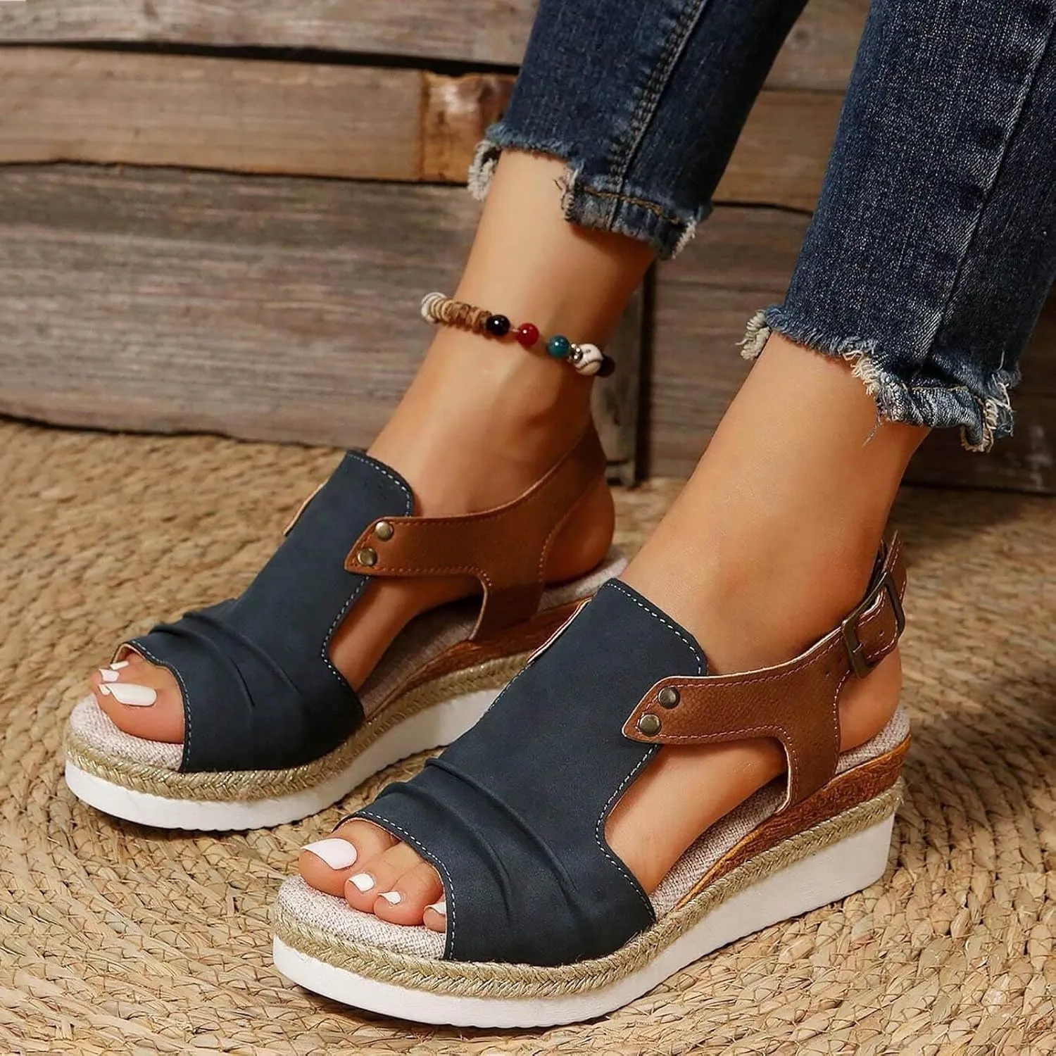 Women Width Wedge Sandals 2025 Spring Summer Open Toe Side Hollow Out Casual Fashion Espadrilles Slingback Shoes Adjustable Beach Vacation Walking Strap Low Dress Ankle Strap Sandals