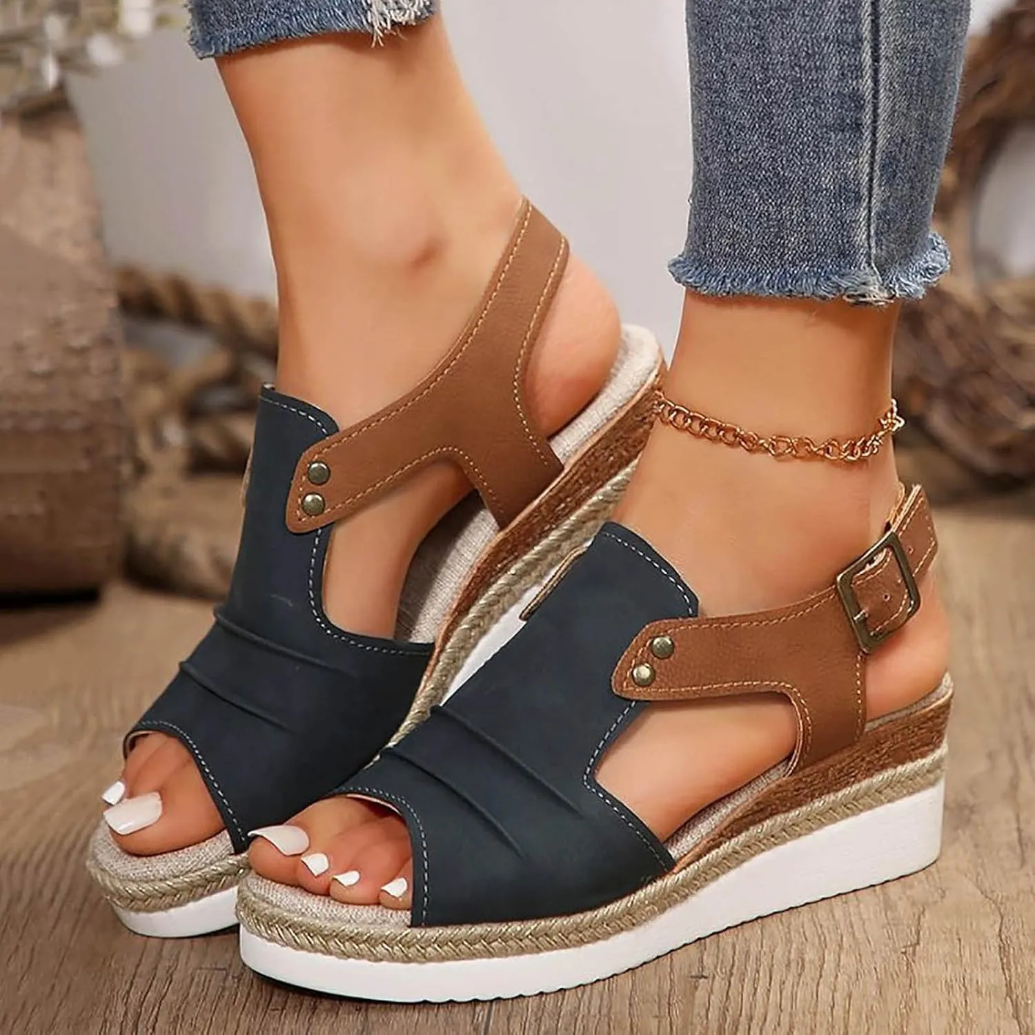 Women Width Wedge Sandals 2025 Spring Summer Open Toe Side Hollow Out Casual Fashion Espadrilles Slingback Shoes Adjustable Beach Vacation Walking Strap Low Dress Ankle Strap Sandals