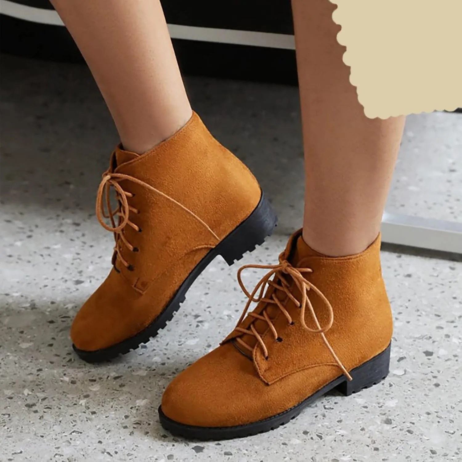 Womens Ankle Boots Comfortable Booties for Women Cowgirl Boots Women Brown Boot Laces Cozy Warm Lightweight Slip on Pointed Toe Chunky Stacked Heel