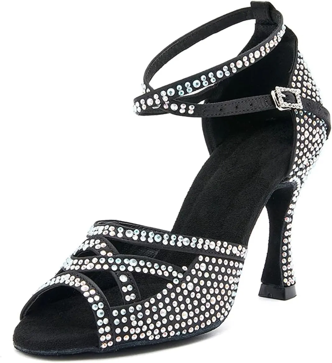 Women's Black Rhinestone Dance Shoes - Satin Ballroom Sneakers, 10CM/3.9Inch Heel Height