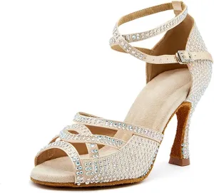Women's Black Rhinestone Dance Shoes - Satin Ballroom Sneakers, 10CM/3.9Inch Heel Height