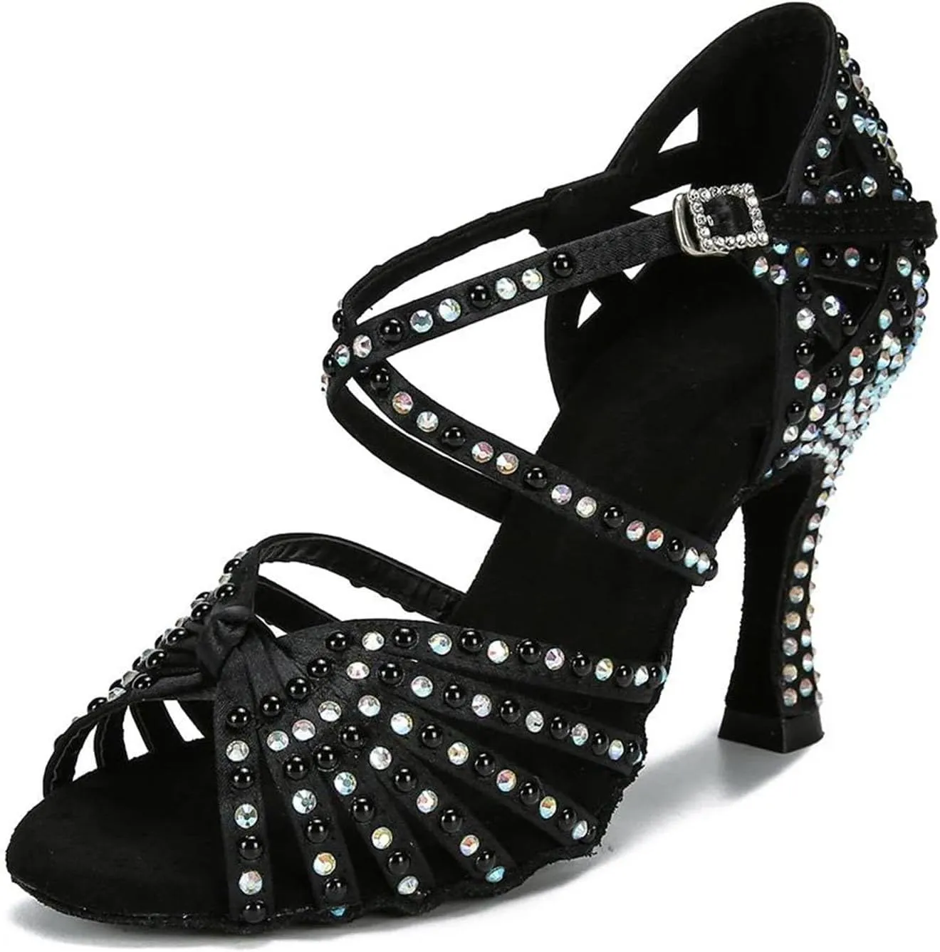 Women's Black Satin Latin Dance Shoes - Ballroom Salsa Tango Party Sandals, 10CM/3.9Inch Heel Height