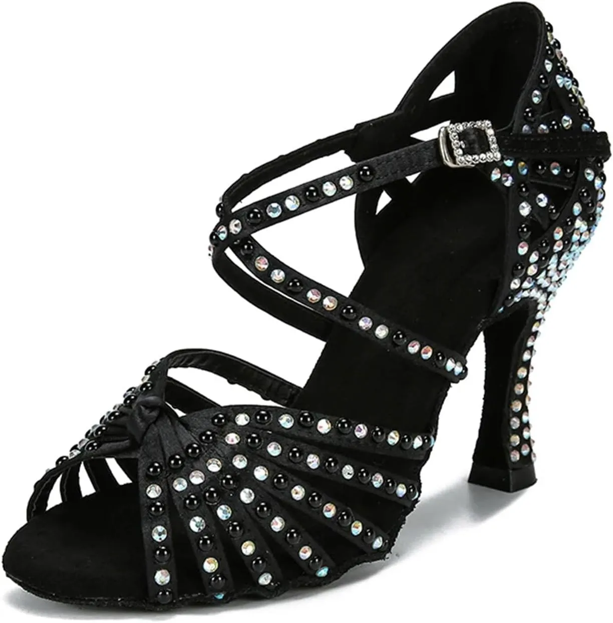 Women's Black Satin Latin Dance Shoes - Ballroom Salsa Tango Party Sandals, 10CM/3.9Inch Heel Height