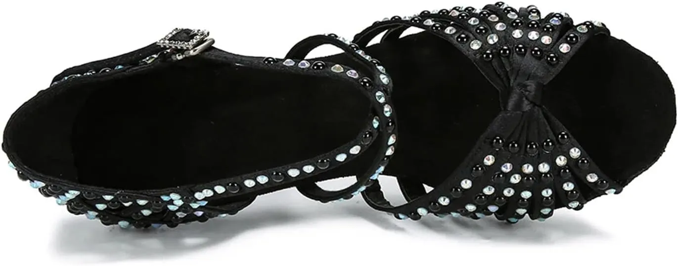 Women's Black Satin Latin Dance Shoes - Ballroom Salsa Tango Party Sandals, 10CM/3.9Inch Heel Height