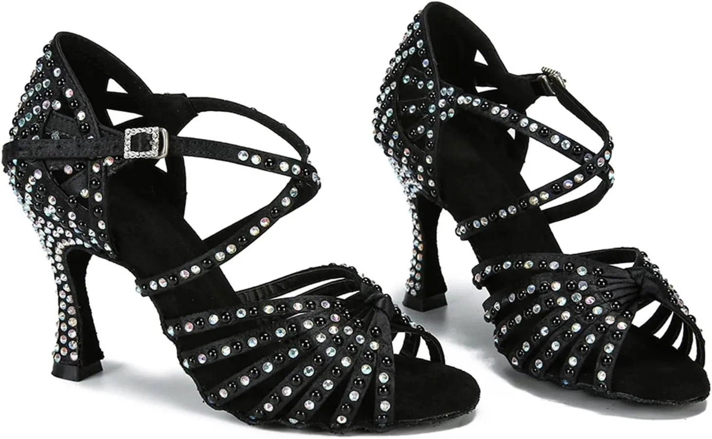 Women's Black Satin Latin Dance Shoes - Ballroom Salsa Tango Party Sandals, 10CM/3.9Inch Heel Height