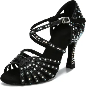 Women's Black Satin Latin Dance Shoes - Ballroom Salsa Tango Party Sandals, 10CM/3.9Inch Heel Height