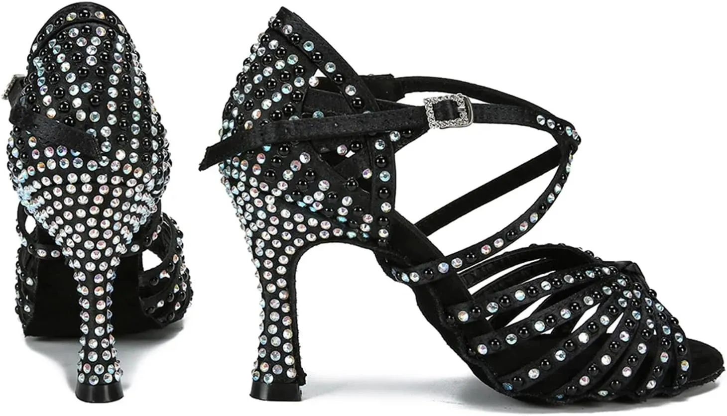 Women's Black Satin Latin Dance Shoes - Ballroom Salsa Tango Party Sandals, 10CM/3.9Inch Heel Height