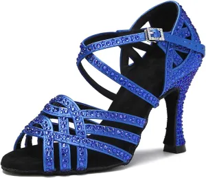 Women's Blue Latin Dance Shoes - Ballroom Salsa Soft Bottom Party Sandals, 10CM/3.9Inch Heel Height