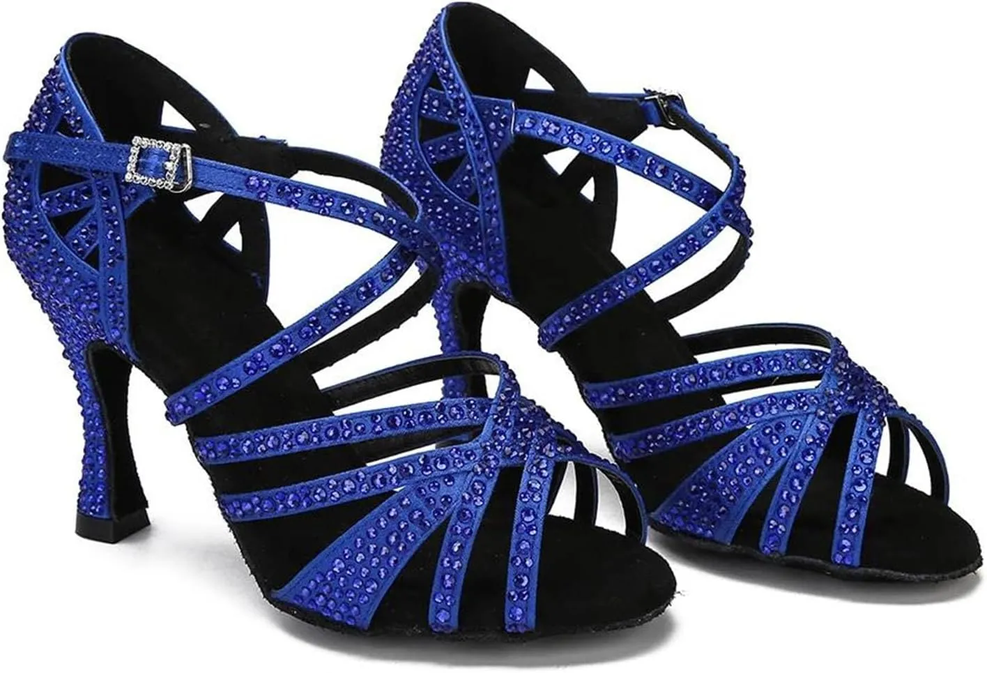 Women's Blue Latin Dance Shoes - Tango Rumba Ballroom Rhinestone Wedding Sandals, 10CM/3.9Inch Heel Height