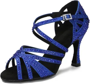 Women's Blue Latin Dance Shoes - Tango Rumba Ballroom Rhinestone Wedding Sandals, 10CM/3.9Inch Heel Height