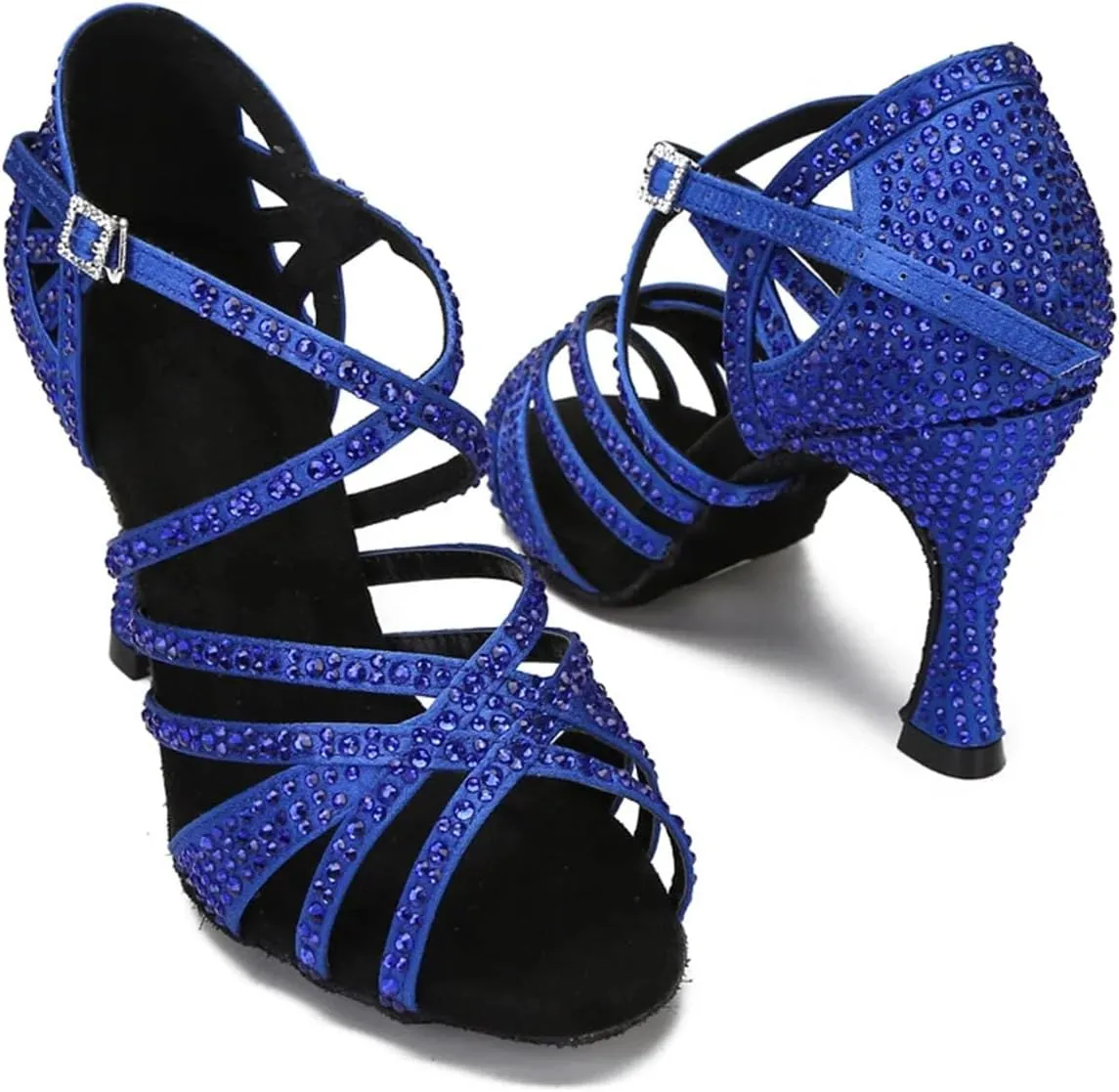 Women's Blue Latin Dance Shoes - Tango Rumba Ballroom Rhinestone Wedding Sandals, 10CM/3.9Inch Heel Height