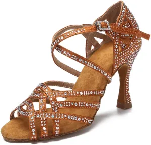 Women's Cuban Heel Latin Dance Shoes - Salsa Ballroom Rhinestone Silver Wedding Performance Sandals, 10CM/3.9Inch Heel Height