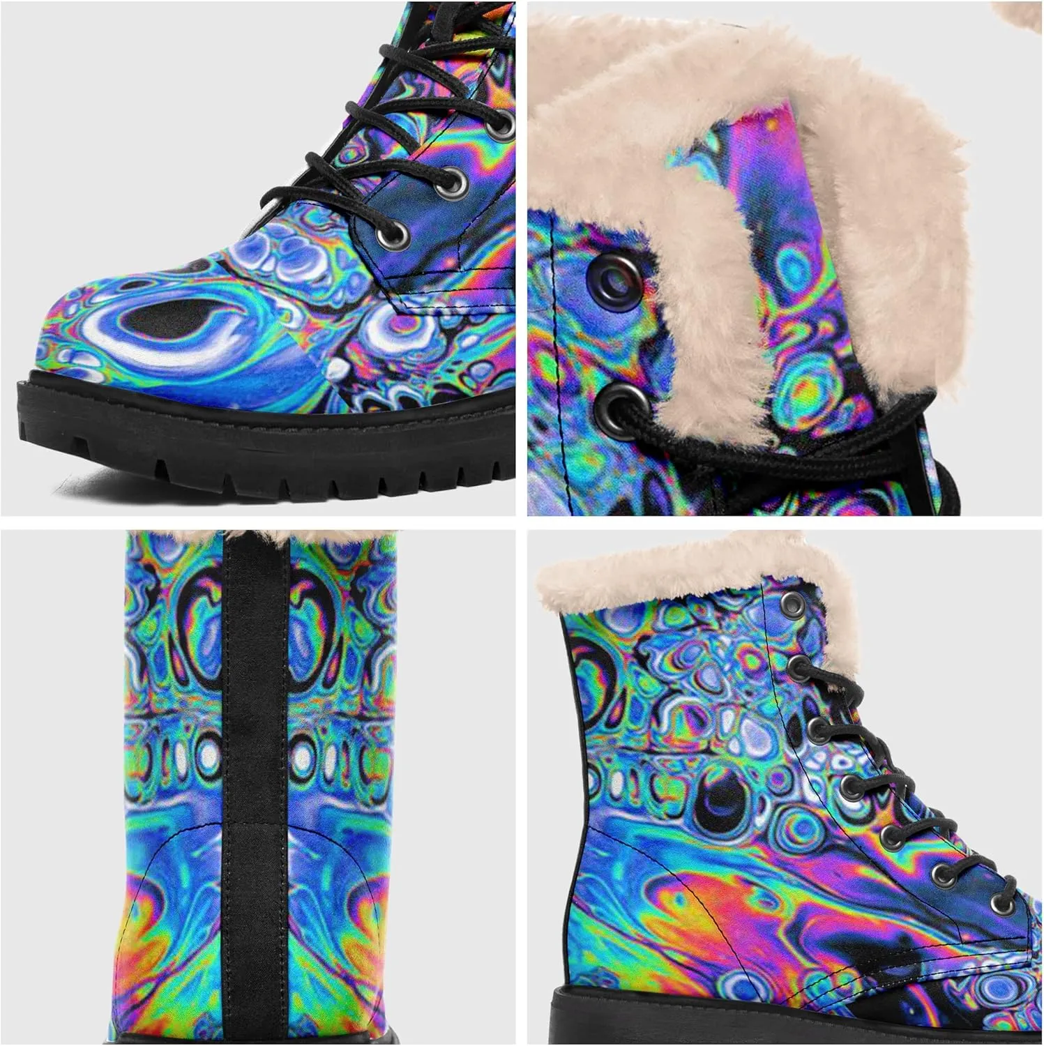 Women's Fur Snow Boots Floral Animal Print Warm Comfortable Winter Ankle Boots Waterproof Vegan Leather Boots