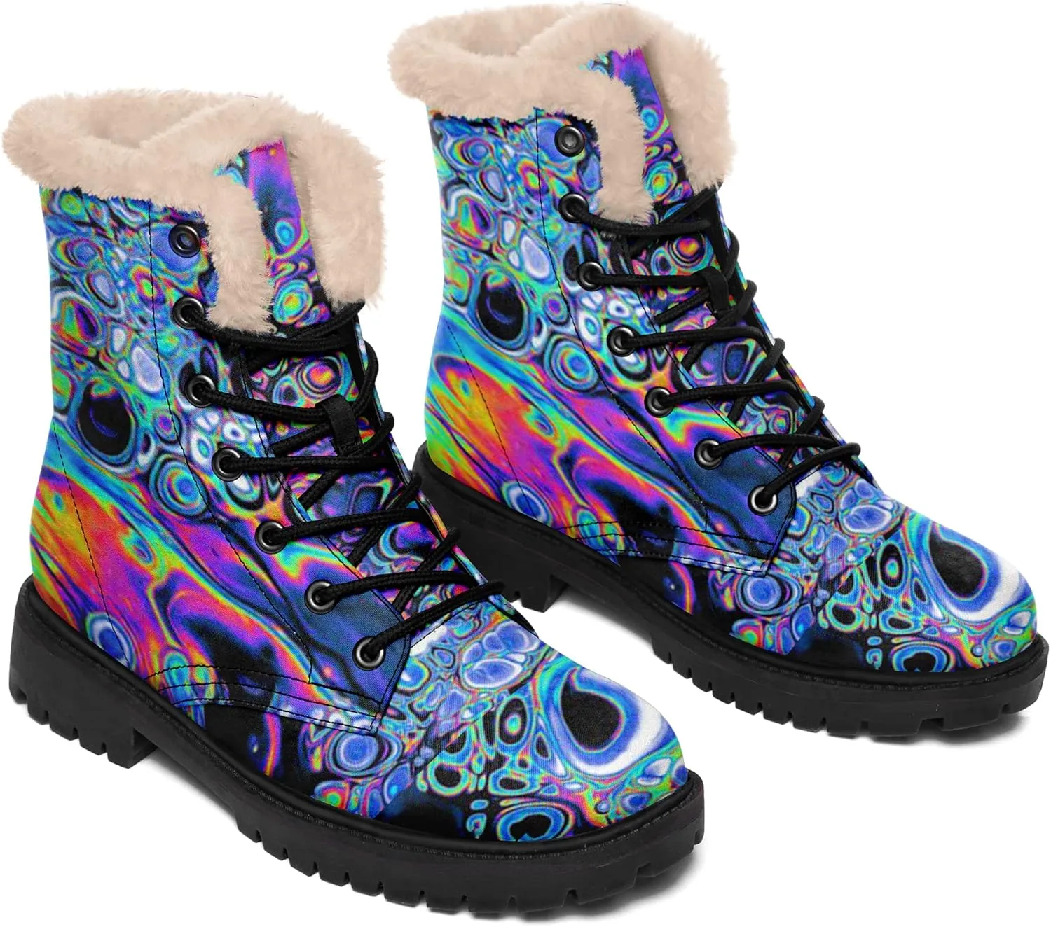 Women's Fur Snow Boots Floral Animal Print Warm Comfortable Winter Ankle Boots Waterproof Vegan Leather Boots
