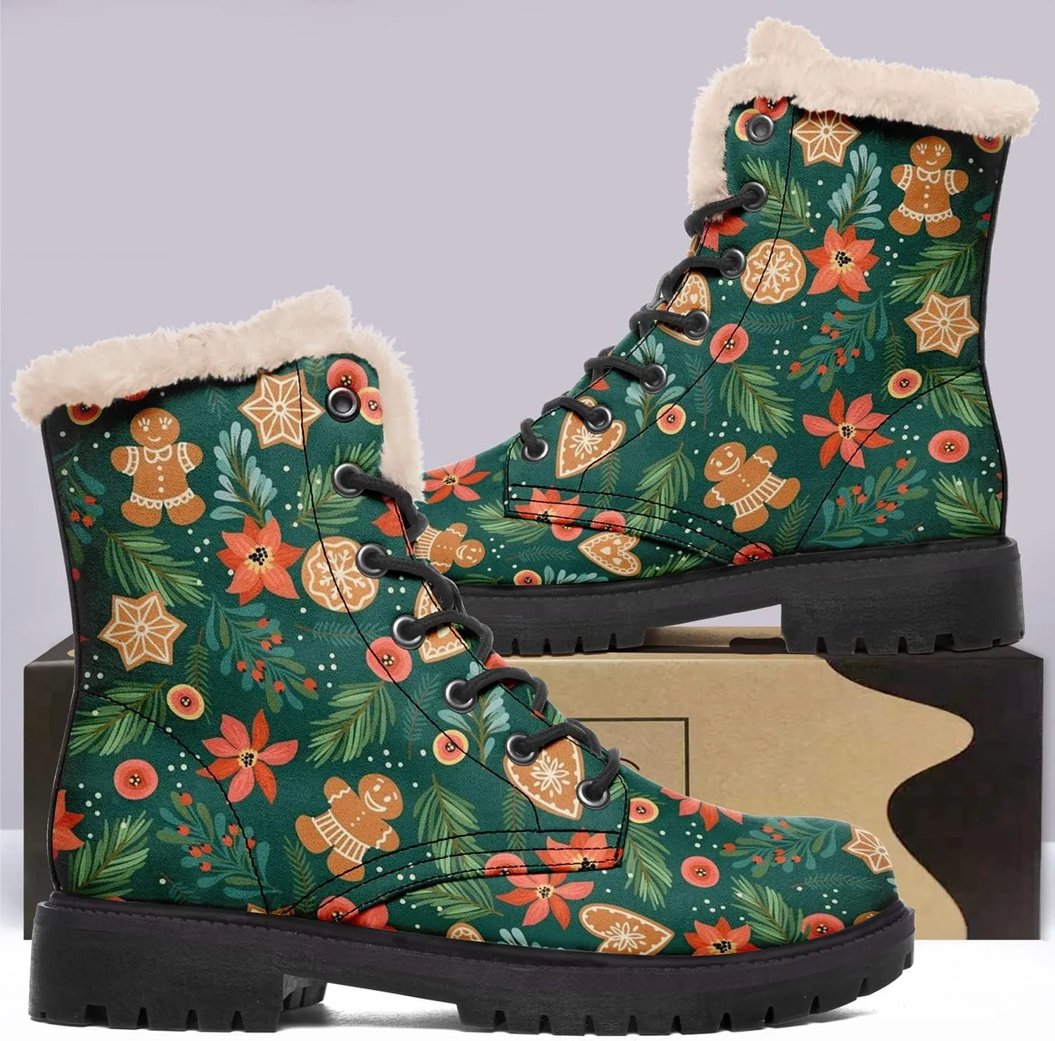 Women's Fur Snow Boots Floral Animal Print Warm Comfortable Winter Ankle Boots Waterproof Vegan Leather Boots
