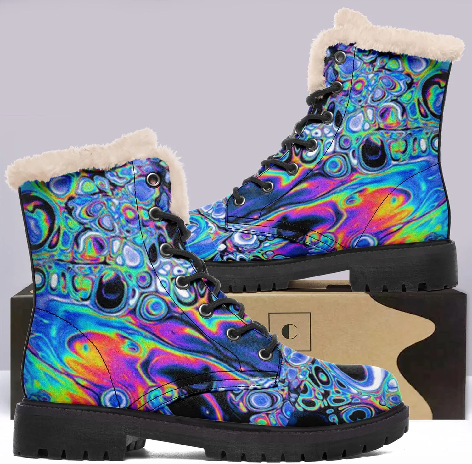 Women's Fur Snow Boots Floral Animal Print Warm Comfortable Winter Ankle Boots Waterproof Vegan Leather Boots