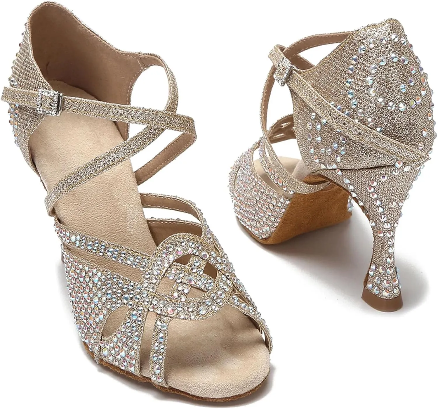 Women's Golden Latin Dance Shoes - Tango Salsa Diamond Wedding Sandals, 10CM/3.9Inch Heel Height