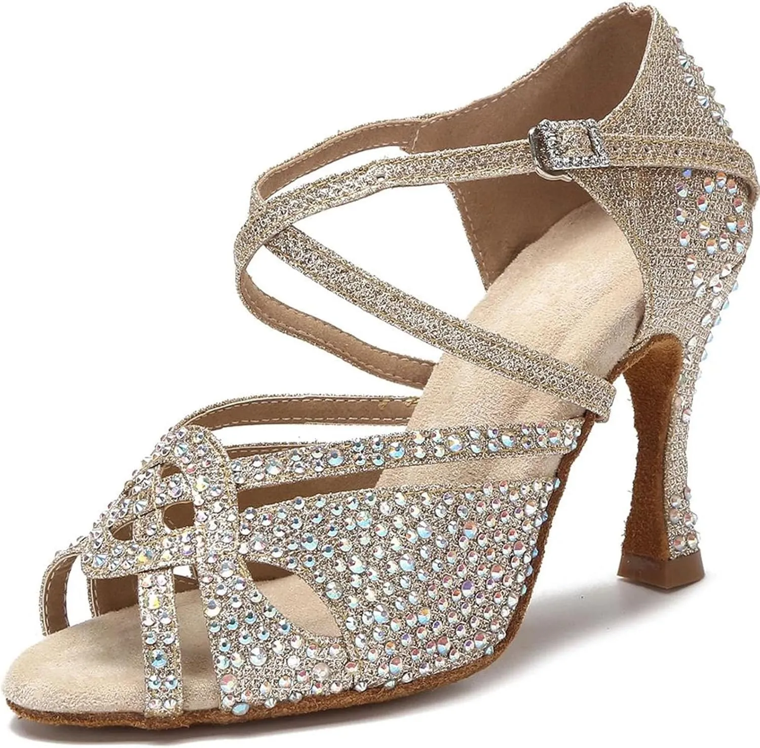 Women's Golden Latin Dance Shoes - Tango Salsa Diamond Wedding Sandals, 10CM/3.9Inch Heel Height