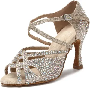 Women's Golden Latin Dance Shoes - Tango Salsa Diamond Wedding Sandals, 10CM/3.9Inch Heel Height