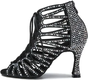Women's Hollow Out Rhinestone Latin Dance Boots - Ballroom Standard Party Sandals, 10CM/3.9Inch Heel Height