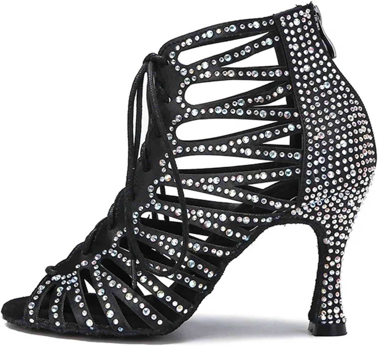 Women's Hollow Out Rhinestone Latin Dance Boots - Ballroom Standard Party Sandals, 10CM/3.9Inch Heel Height