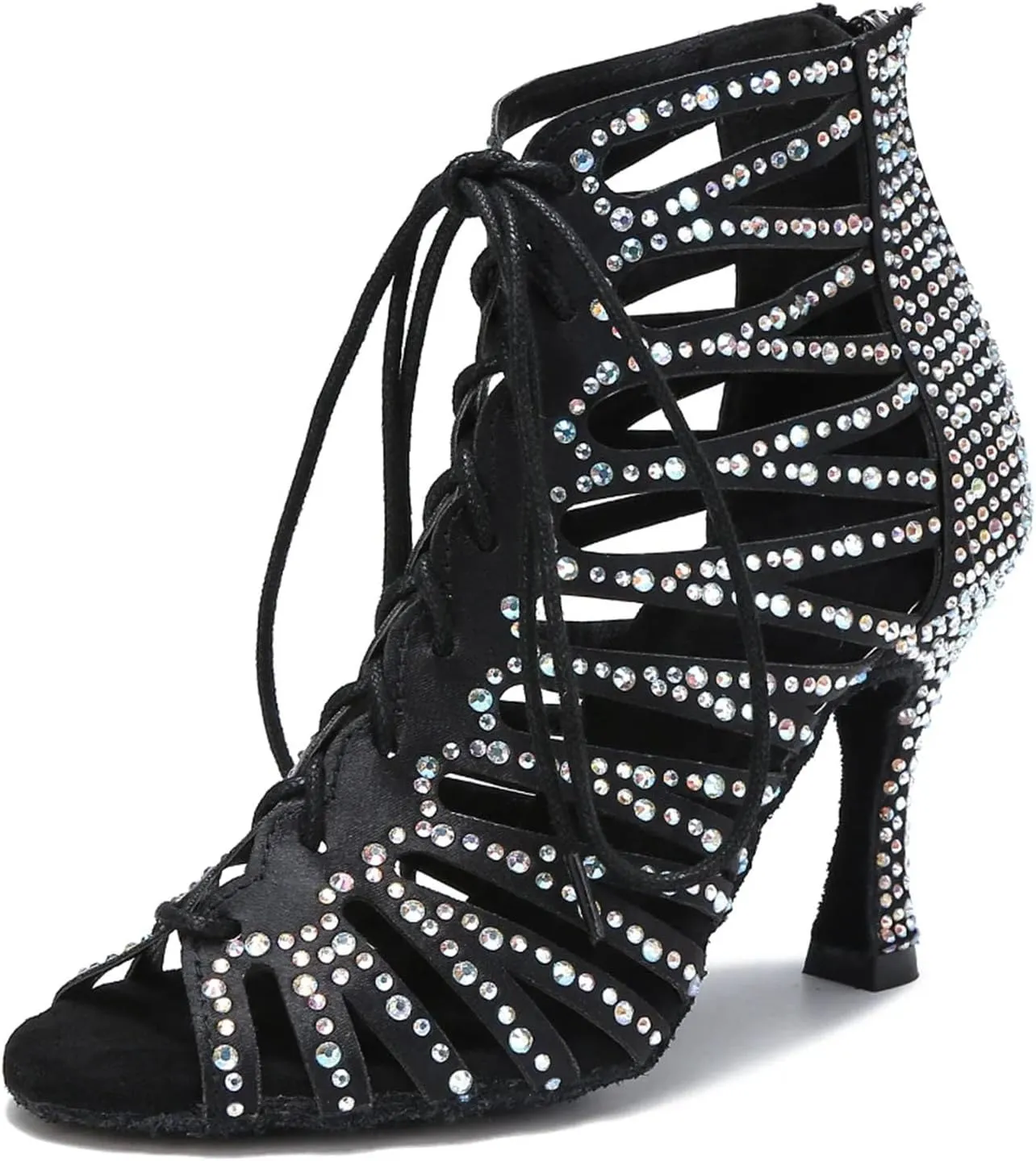 Women's Hollow Out Rhinestone Latin Dance Boots - Ballroom Standard Party Sandals, 10CM/3.9Inch Heel Height