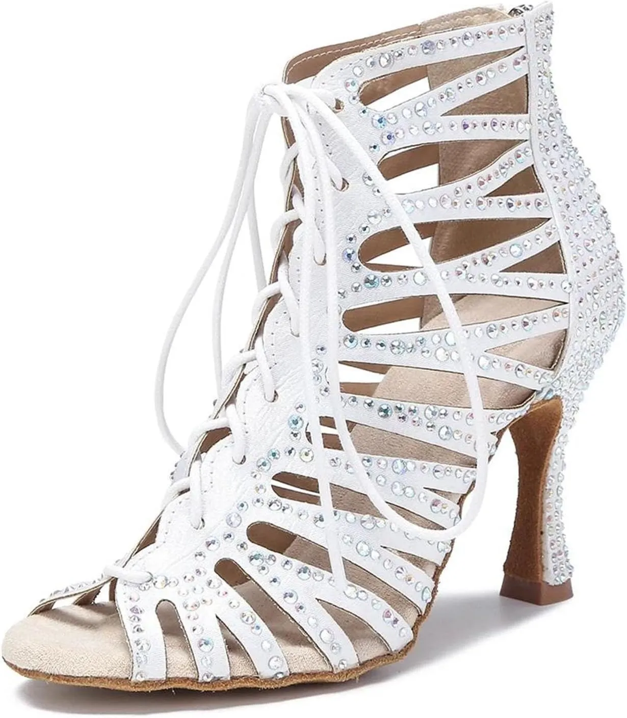 Women's Hollow Out Rhinestone Latin Dance Boots - Ballroom Standard Party Sandals, 10CM/3.9Inch Heel Height