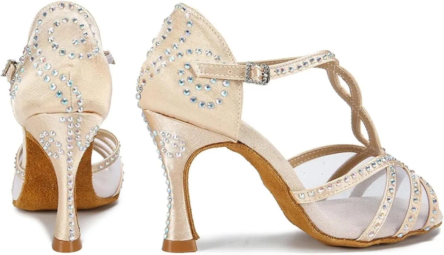 Women's Mesh Latin Dance Shoes - Satin Ballroom Soft Bottom Party Sandals, 10CM/3.9Inch Heel Height