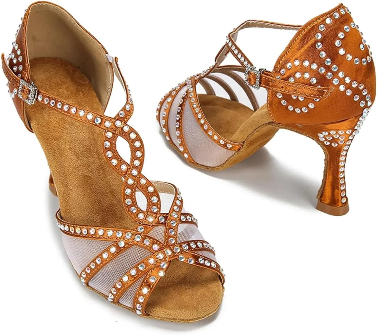 Women's Mesh Latin Dance Shoes - Satin Ballroom Soft Bottom Party Sandals, 10CM/3.9Inch Heel Height