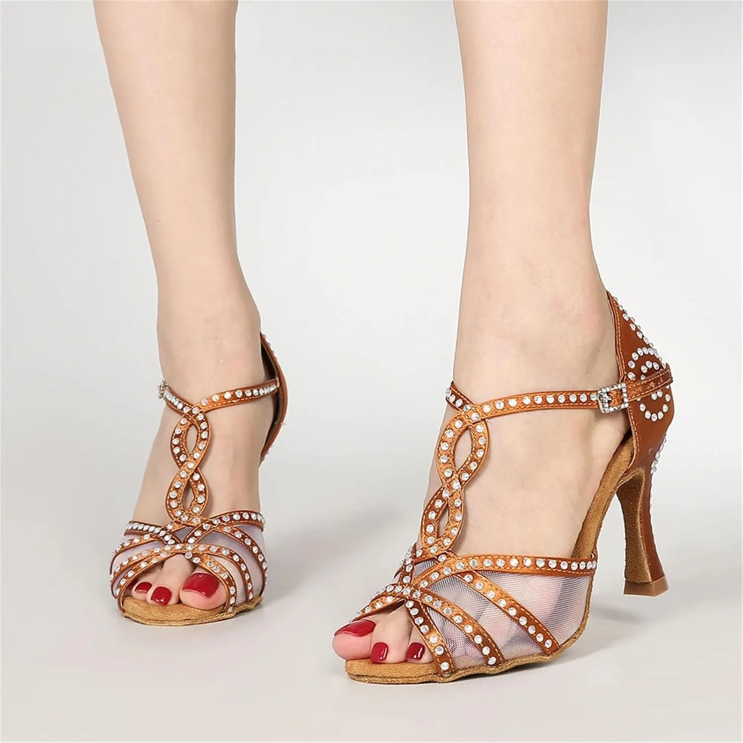 Women's Mesh Latin Dance Shoes - Satin Ballroom Soft Bottom Party Sandals, 10CM/3.9Inch Heel Height