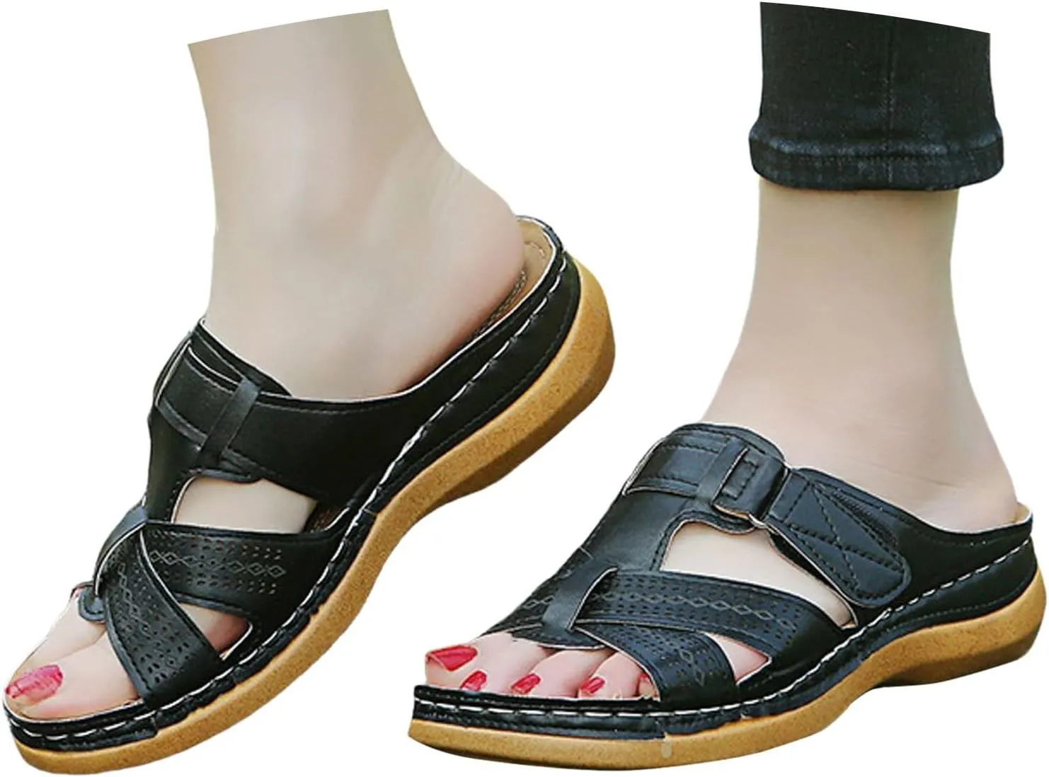 Womens Orthopedic Sandals with Arch Support Flip Flops 2025 Summer Hollow Out Casual Slip On Platform Slippers Comfy Low Wedge Cutout Summer Open-Toe Beach Walking Shoes