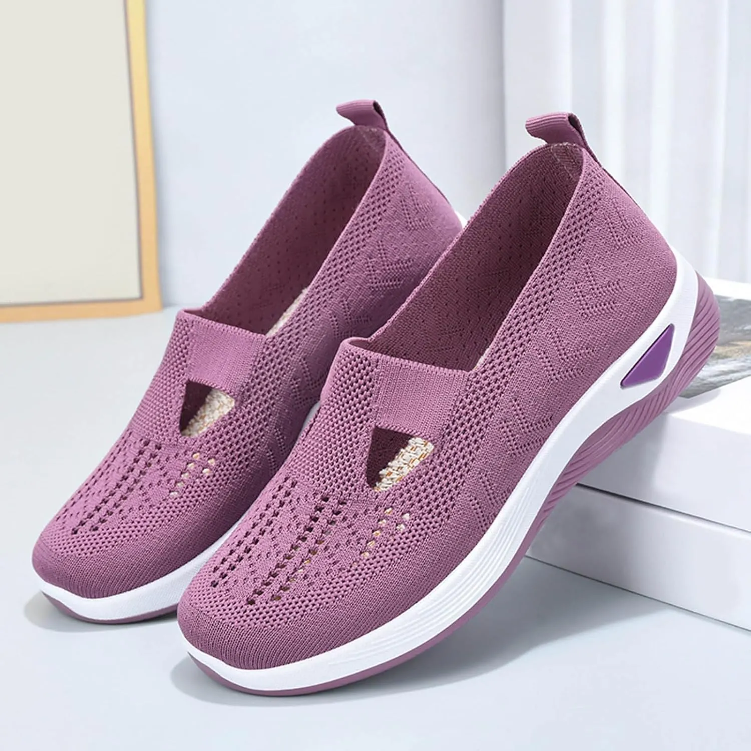 Womens Orthopedic Sneakers Comfortable Slip on Walking Shoes Mesh Breathable Lightweight Sneaker Non-Slip Woven Shoes with Arch Support