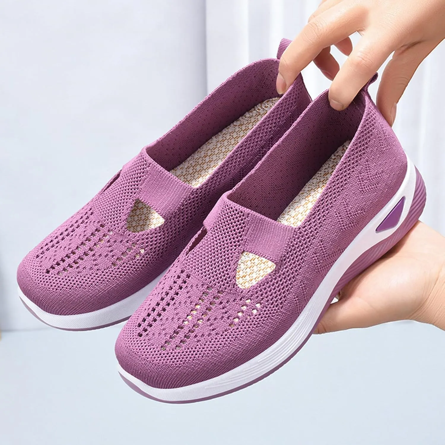 Womens Orthopedic Sneakers Comfortable Slip on Walking Shoes Mesh Breathable Lightweight Sneaker Non-Slip Woven Shoes with Arch Support