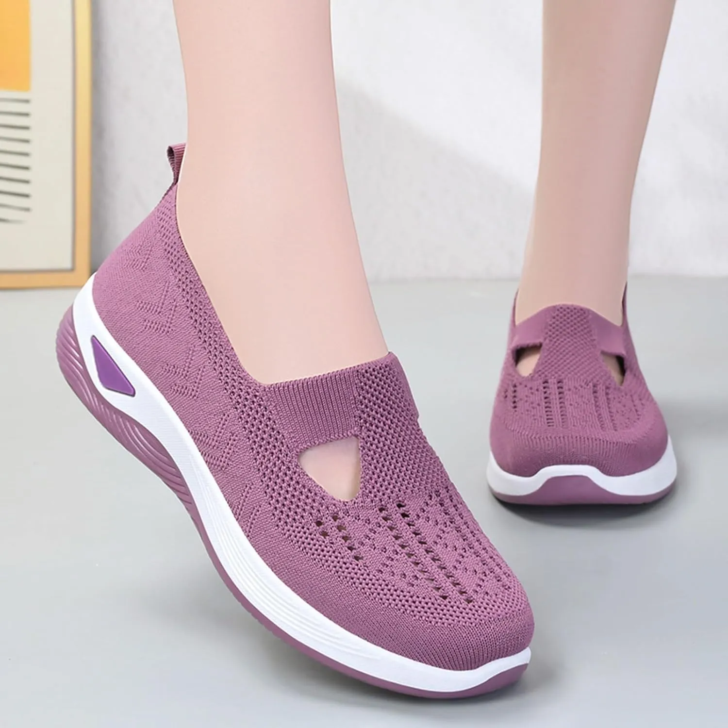 Womens Orthopedic Sneakers Comfortable Slip on Walking Shoes Mesh Breathable Lightweight Sneaker Non-Slip Woven Shoes with Arch Support
